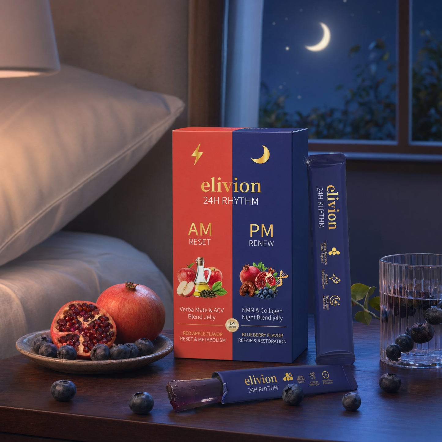 Daily Wellness Jelly Sticks AM & PM, Healthy Metabolism & Relaxation Support - 14 Sticks, Apple & Blueberry, Contains Apple Cider Vinegar, Collagen, Chia Seeds, Non-GMO